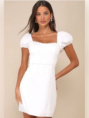 Lulus Adorable Poise size Small‎ White Satin Pearl Trim  Puff Sleeve Mini Dress